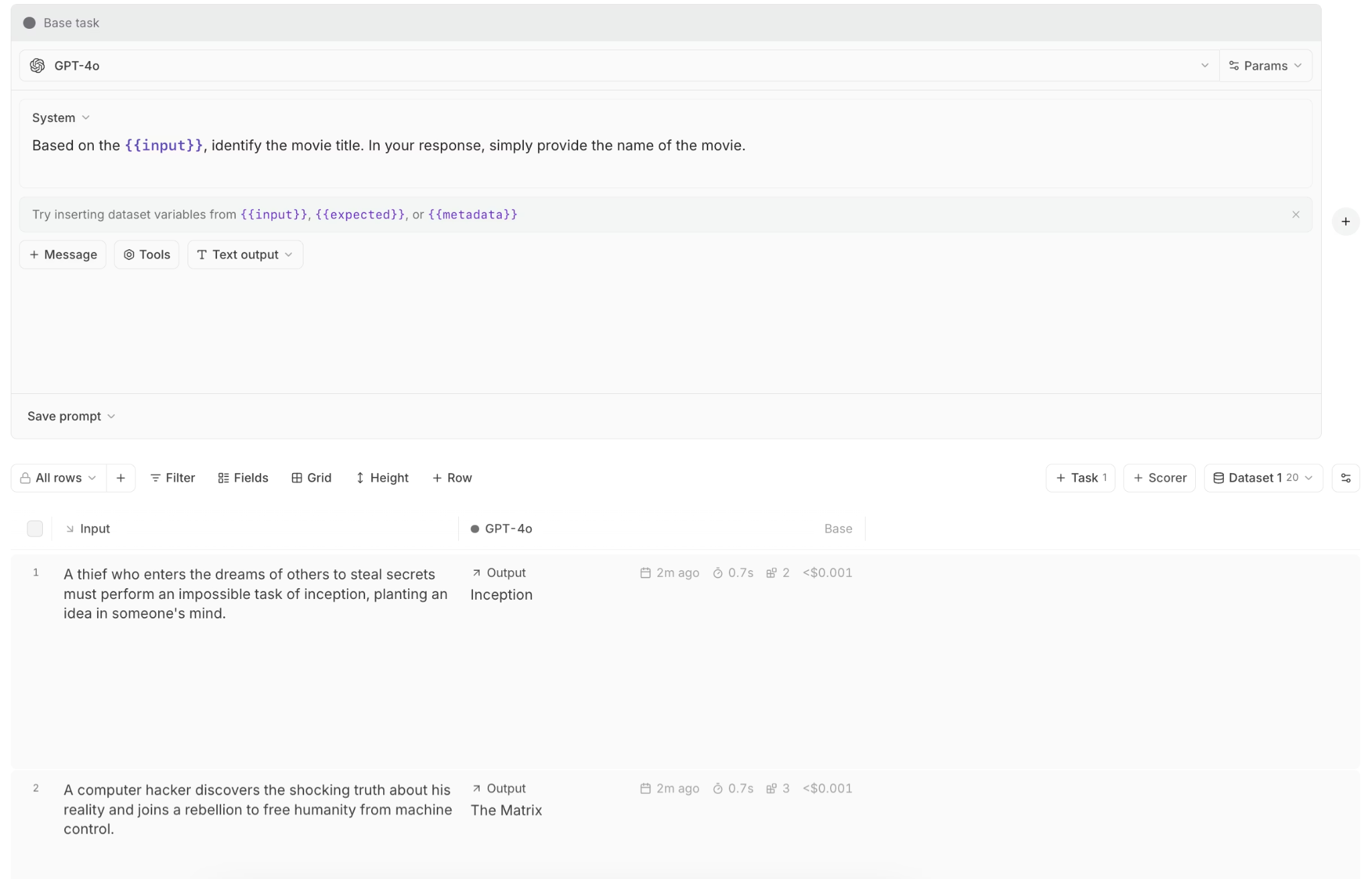 Compare experiments side by side in Braintrust playground