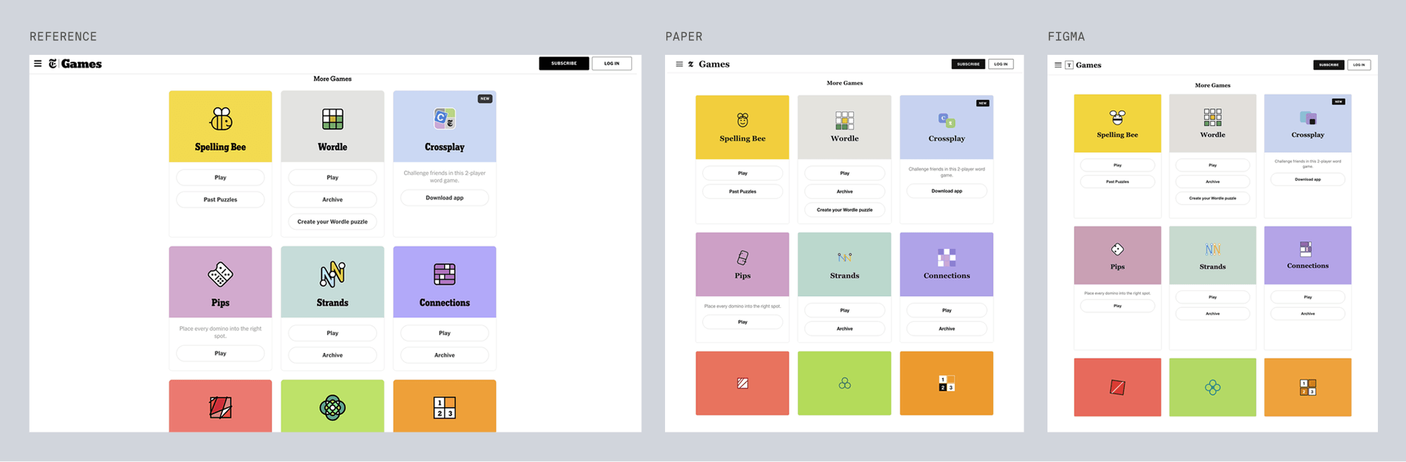 Reference for games, puzzle games card grid, next to Paper's and Figma's best-of-three recreations