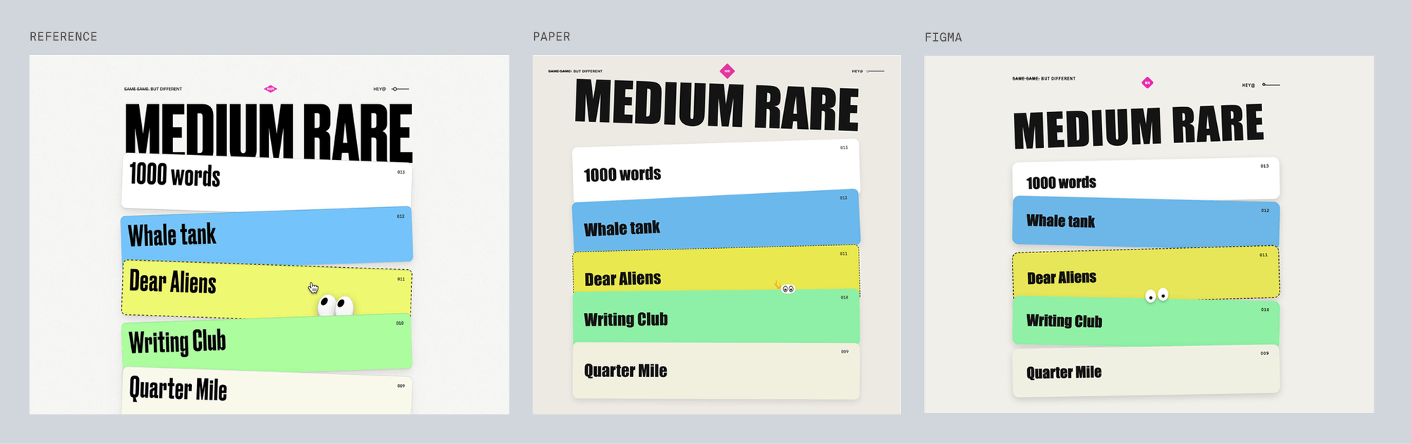 Reference for medium, bold stacked type cards, next to Paper's and Figma's best-of-three recreations