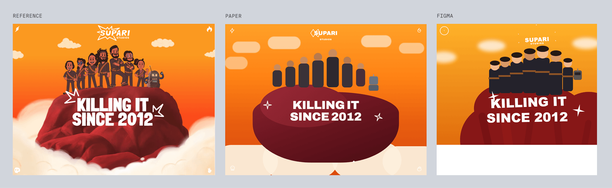 Reference for supari, orange illustrated studio hero with cartoon characters, next to Paper's and Figma's best-of-three recreations